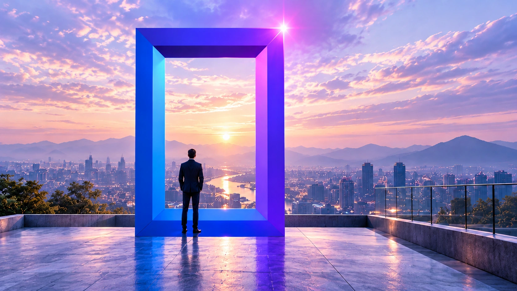 A slim blue-violet doorway overlooking a city at sunrise